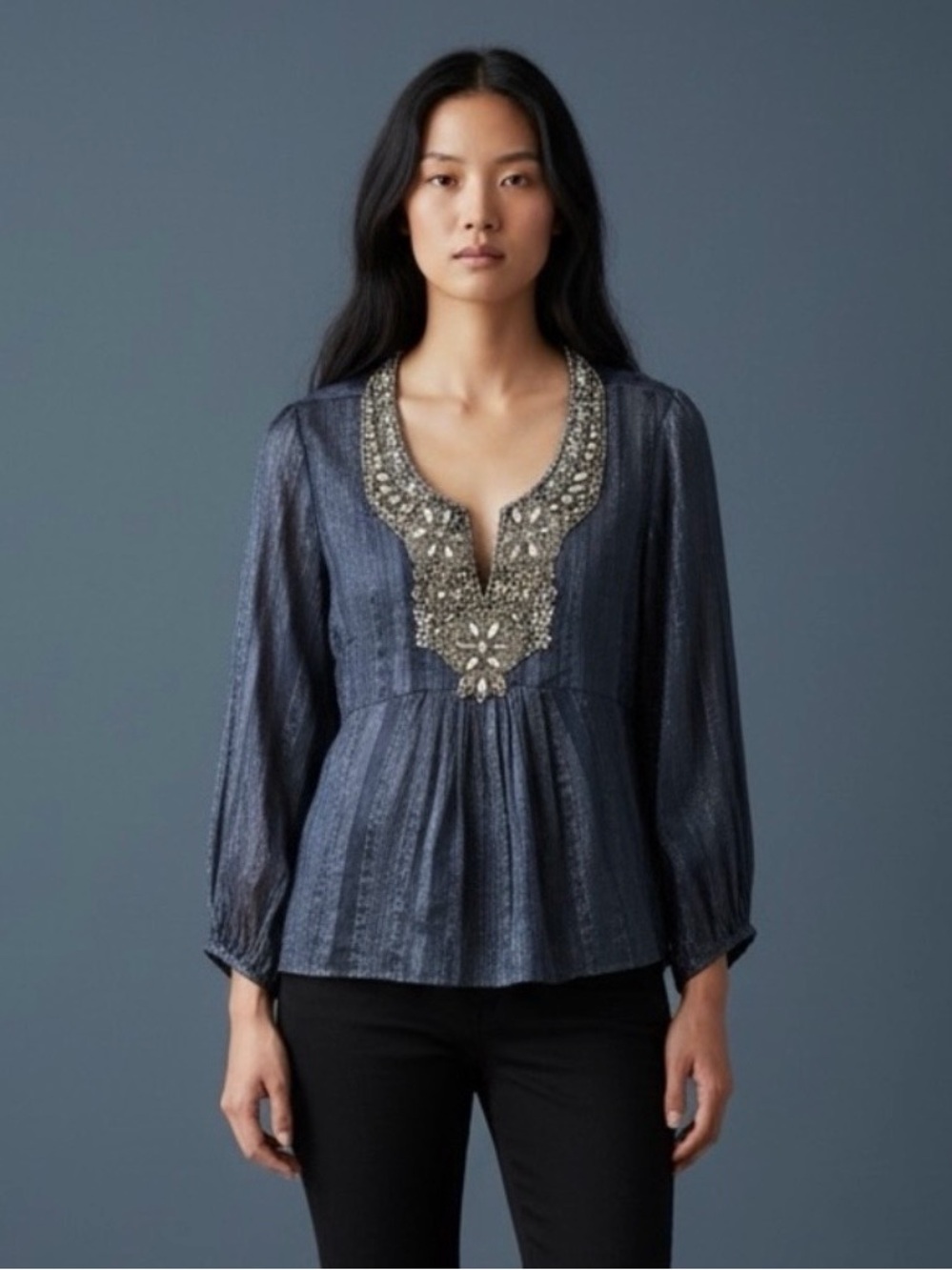 Lafayette 148 Navy Bedazzled Blouse